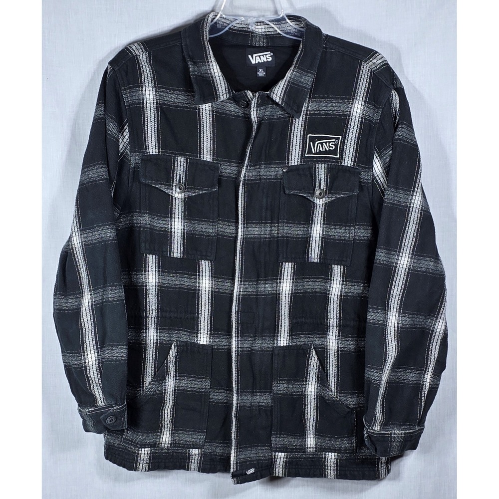 Vans Men's XL Black White Plaid Flannel Shirt Jacket BLK Skull Detail
